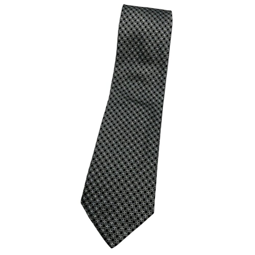 TODAY'S MAN Men's Silk Necktie LUXURY Tie Black Gray Silver Geometric W:3.7" EUC
